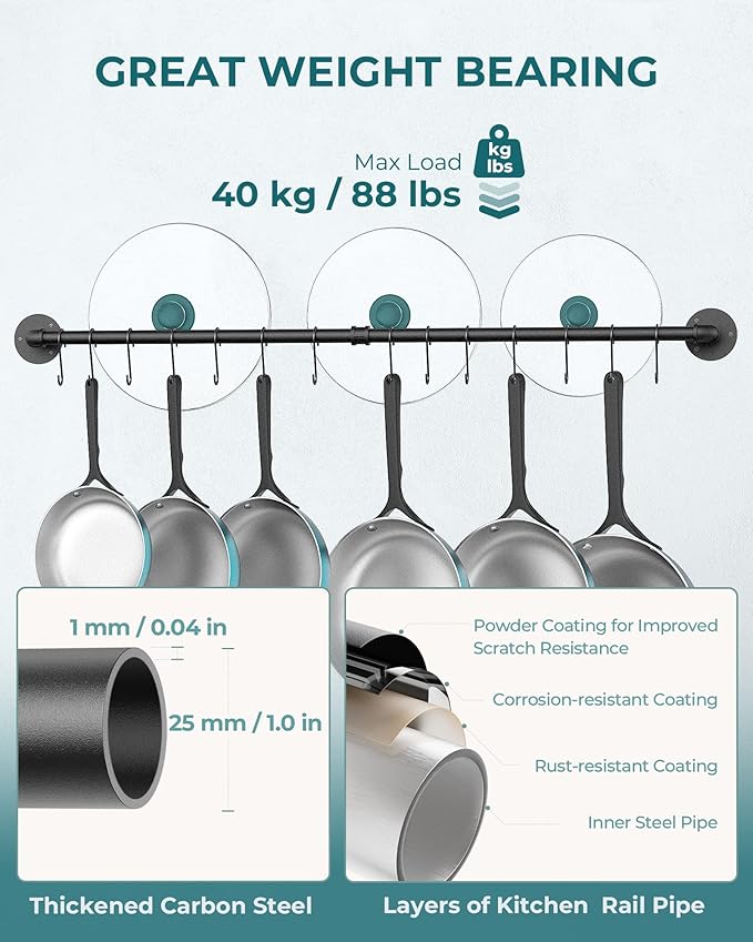 OROPY 38 inch Pot Bar Rack Wall Mounted Detachable Pans Hanging Rail Kitchen Lids Utensils Hanger with 14 S Hooks Black