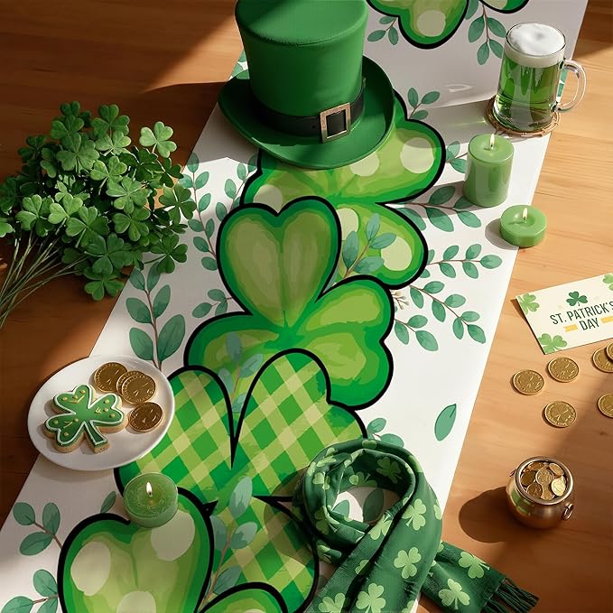 OHOME St Patricks Day Decorations - Shamrock Table Runner | St Patricks Day Party Favors Supplies Decor Indoor Outdoor - Spring Holiday Banner Backdrop Decorations for Table Home Kitchen