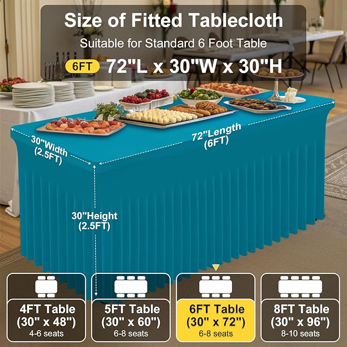 Smiry Spandex Tablecloth 2 Pack, Elastic Fitted Stretch Tablecloth for 6FT Rectangle Tables, Waterproof Washable Table Cover Skirt for Outdoor, Wedding, Banquet & Parties (Turquoise, 72Lx30Wx30H Inch)
