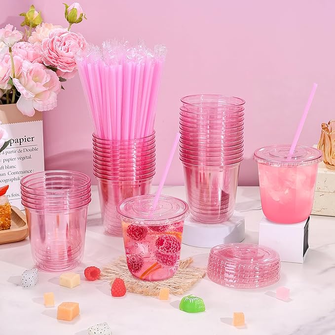 tchrules 100 Set 12oz Pink Plastic Cups with Lids & Straws, Disposable Iced Coffee Cup with Lid, Round Bottom Plastic To Go Cups for Cold Drinks Slushie Smoothie Valentine Galentine Party Supplies
