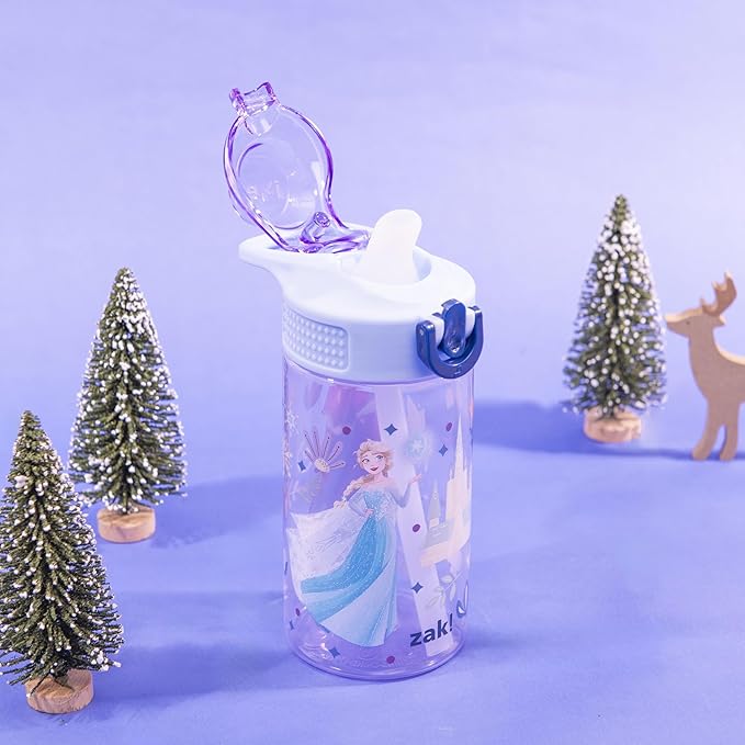 Zak Designs Disney Frozen Sage Kids Water Bottle For School or Travel, 16oz Durable Plastic Water Bottle With Straw, Handle, and Leak-Proof, Pop-Up Spout Cover (Anna, Elsa, Olaf)