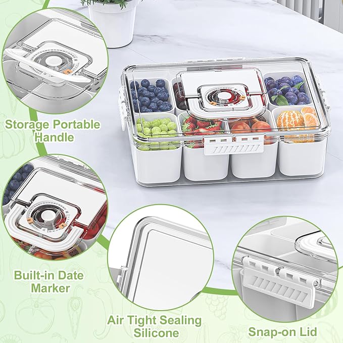 Chilled Snackle Box Container with Ice Pack, Bonus Insulated Bag Charcoolerie Chilled Portable Serving Tray, 8 Compartment Snack Container for Charcuterie Snack Road Trip Picnic Essentials