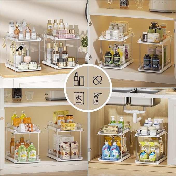 Delamu Under the Sink Organizer, 2-Tier Pull-Out Cabinet Drawers with Adjustable Shelf & Hooks, Under Sink Cabinet Organizer for Bathroom, Kitchen, Vanity & Every Household (White, 4 Pack)