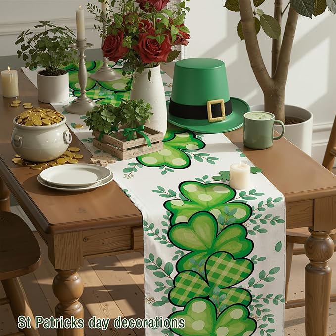 OHOME St Patricks Day Decorations - Shamrock Table Runner | St Patricks Day Party Favors Supplies Decor Indoor Outdoor - Spring Holiday Banner Backdrop Decorations for Table Home Kitchen