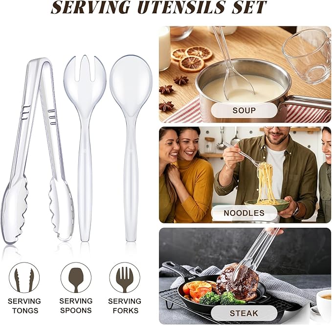Mwellewm 18Pcs Serving Utensils, 10'' Plastic Serving Utensils Set, Large Disposable Serving Spoons for Buffet, Tongs for Serving Food, Party Supplies for Salad Soup Noodles Dinner Catering(Clear)