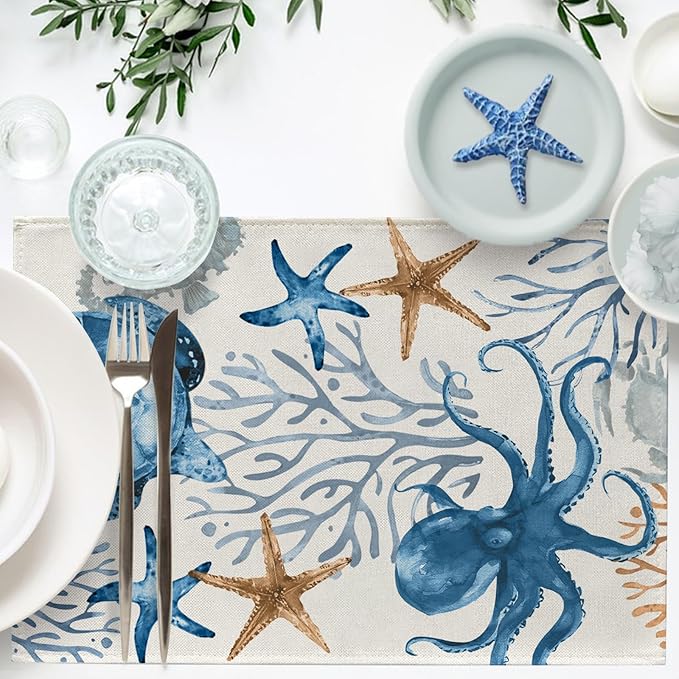 Seliem Spring Summer Octopus Turtle Starfish Coral Placemats Set of 4, Coastal Sea Horse Creature Dining Table Place Mats, Nautical Beach Seasonal Kitchen Decor Home Decoration 12 x 18 Inch