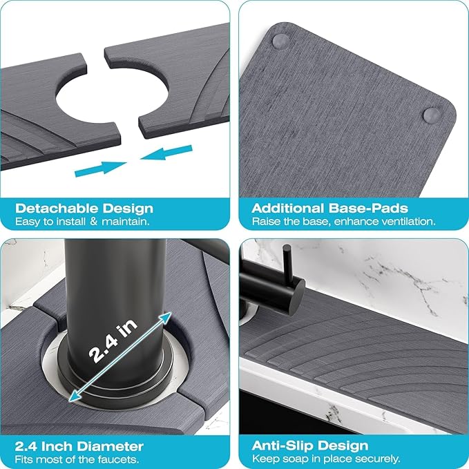 Stone Faucet Mat for Kitchen Sink - Fast Drying Diatomite Stone Drying Mat, Textured Drainage Sink Protector, Water Splash Guard with Base Pads for Bathroom Counter (23.7x4 in, Dark Gray)