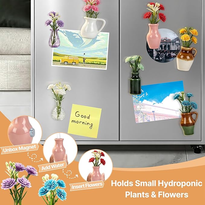 ZOYVUX Cute Ceramic Mini Vase Magnets for Fridge, Tiny Plant Vases with Flowers, Magnetic Refrigerator Decor for Kitchen, Office, Locker (8 Pack)