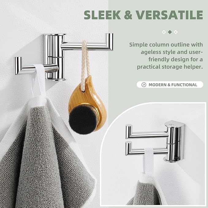 Angle Simple Swivel Robe Hook Polished Chrome, 304 Stainless Steel Bathroom Towel Double Hook for Wall