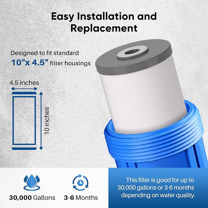 PUREPLUS 5 Micron 10" x 4.5" Whole House PP Sediment Carbon KDF Composite Heavy Metal Reduction Filter Cartridge for GE FXHTC,GXWH40L,GXWH35F,GNWH38S,Culligan RFC-BBSA,WRC25HD,Pentek RFC-BB,2Pack