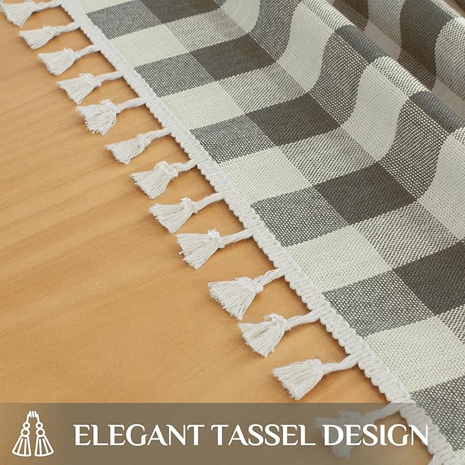 Softalker Checkered Tablecloth Square, Outdoor Linen Cotton Gingham Table Cloth with Tassel, Heavy Duty Wrinkle Free Buffalo Plaid Table Cover for Kitchen Dining Summer Party - 55 x 55 Inch, Coffee