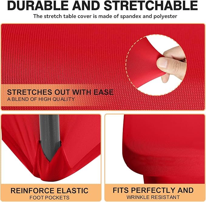 6 Pack 4 Feet Red Spandex Tablecloth for Rectangular Tables, Fitted & Stretch, Washable, Wrinkle Resistant, Perfect for Event, Wedding, Party, Banquet, Cocktail, Festival, and Table Protector