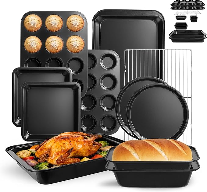 11-Piece Nonstick Baking Pans Set - Professional Grade Carbon Steel Bakeware with Premium Coating- Dishwasher Safe, Stackable, Oven Safe to 450°F (Black)