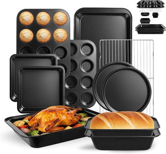 11-Piece Nonstick Baking Pans Set - Professional Grade Carbon Steel Bakeware with Premium Coating- Dishwasher Safe, Stackable, Oven Safe to 450°F (Black)