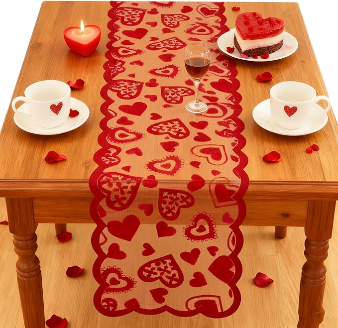 OHOME Valentines Day Decorations - Red Lace Table Runner | Valentines Day Decor Party Supplies Favors - Galentines Day Decorations Holiday Heart Table Cloth Centerpiece for Wedding Home Kitchen
