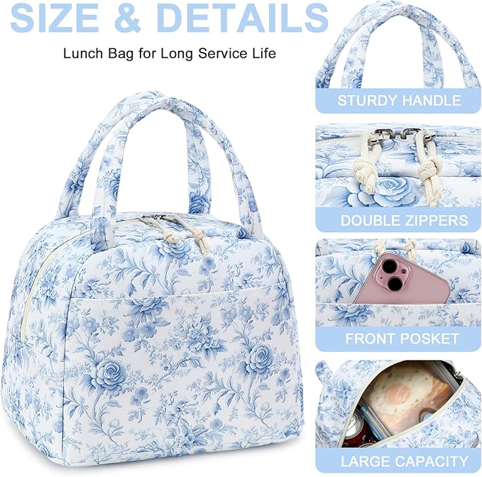 Bluboon Lunch Box for Women Men Cute Lunch Bag Reusable Insulated Lunch Bags Large Capacity Lunchbox Cooler for Work Picnic or Travel Gifts for Women (Blue Foral)