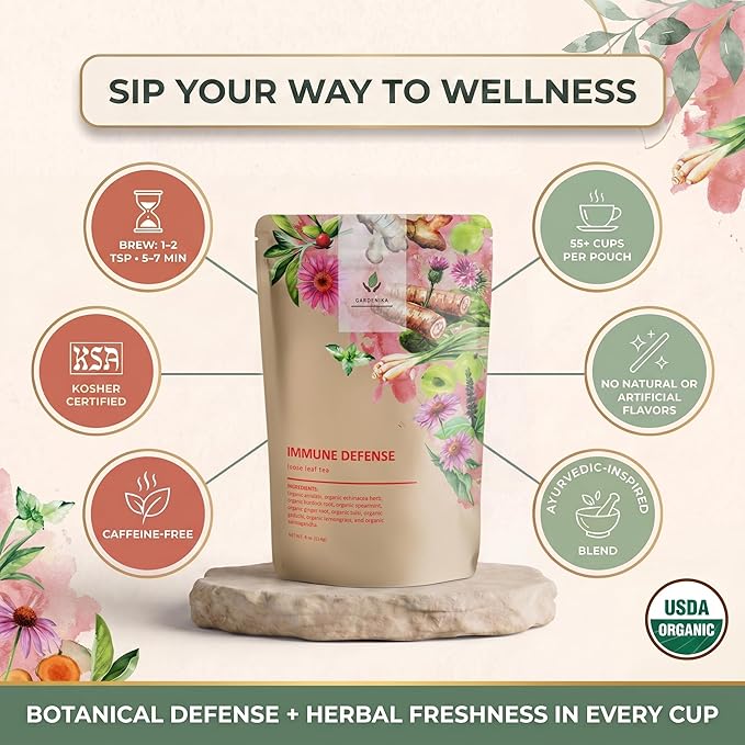Gardenika Organic Immune Loose Leaf Tea, Herbal, Caffeine Free Leaves, Ayurvedic, KSA Kosher – 4 oz (1 Pack)