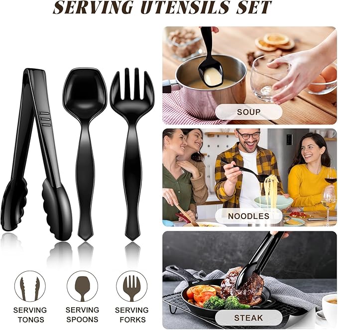 Mwellewm 18Pcs Serving Utensils, 8.5'' Plastic Serving Utensils Set, Disposable Serving Spoons for Buffet, Large Serving Tongs for Food Heavy Duty Party Supplies for Salad Soup Cooking Catering(Black)