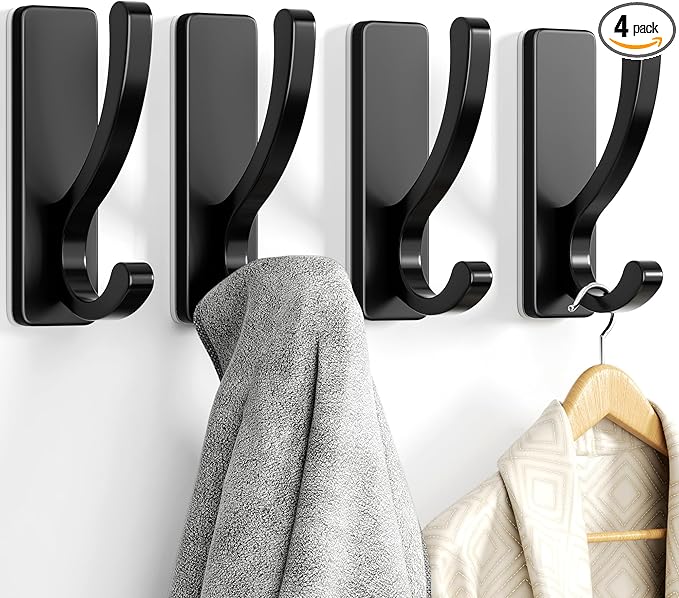 pickpiff Adhesive Wall Hooks for Towels - Sticky Hook Hanging Heavy Duty (13lb), Hanger for Door, Bathroom, Dorm, Closet - for Coats, Purse, Bag, Robe - No Damage to Wall - Black 4 Pack