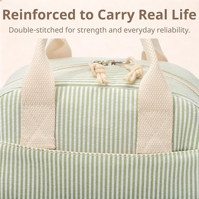 LOVELYWIND Insulated Lunch Bag for Women, Reusable Green Striped Lunch Box Cooler Bag with Large Capacity, Durable Lunch Tote for Work