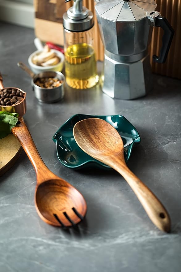 Ceramic Spoon Rest for Kitchen Counter, Spoon Holder for Stove Top Coffee Bar, Cooking Utensil Holder, Cute Flatware Rests Heat Resistant & Dishwasher Safe for Housewarming Gifts, Dark Green