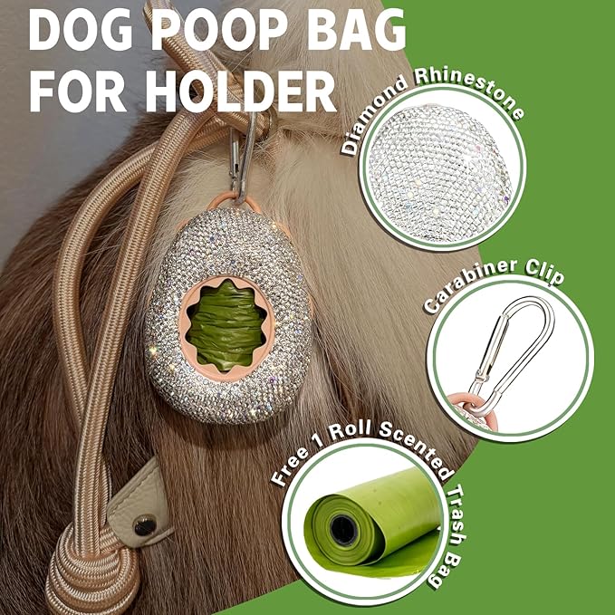 Diamond Rhinestone Dog Poop Bag Holder for Leashes Leak Proof Trash Bag Dispenser with Carabiner Includes 15 Scented Waste Bags Portable Pet Walking Accessories for Dogs Cats Litter