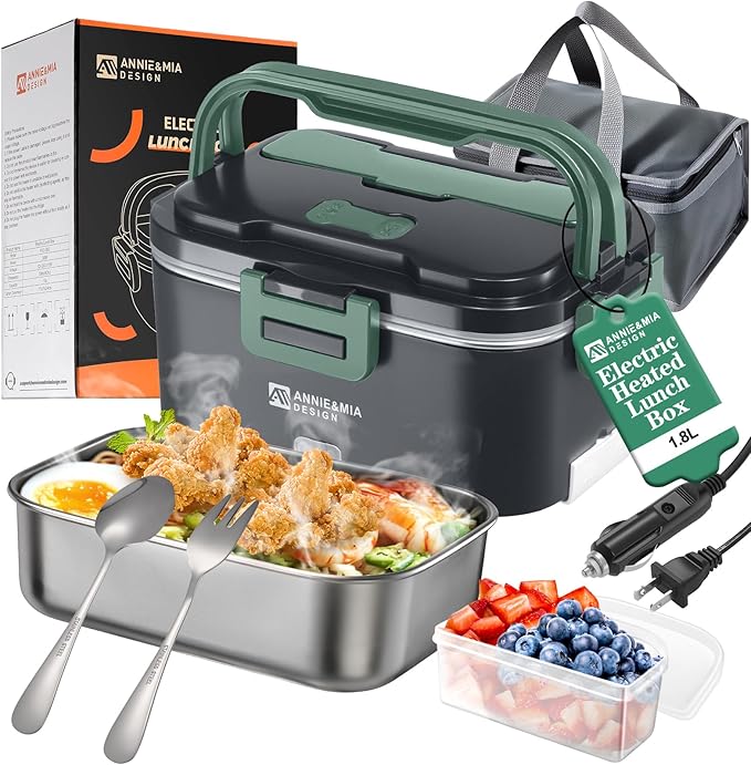Annie & Mia Design Electric Lunch Box for Adults, 100w 1.8L Portable Food Warmer for men Heated Lunch Box for Adults, Home/Car/Office/Truck Use, Lonchera Eléctrica Portátil Green