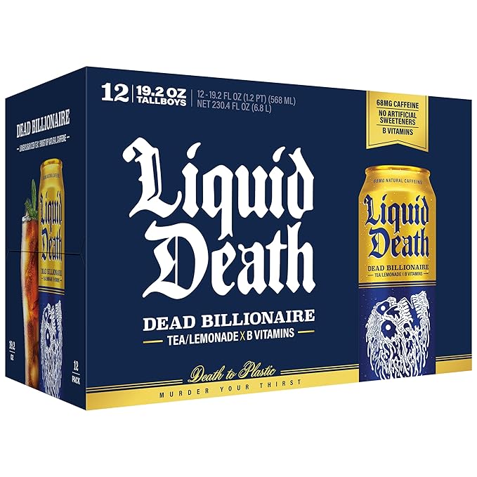 Liquid Death Iced Tea - Dead Billionaire (Black Tea/Lemonade), Less Sugar*, Boost of Caffeine, B Vitamins, No Artificial Sweeteners, King Size 19.2 Fl Oz (Pack of 12)
