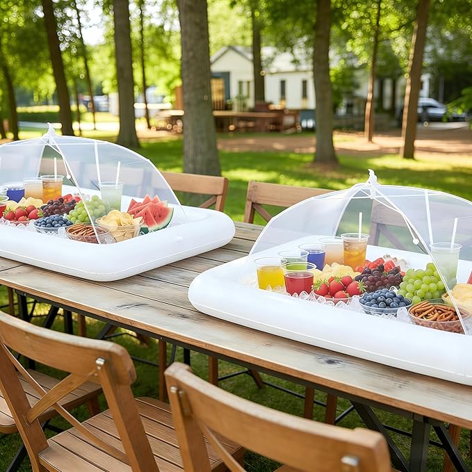HBlife Inflatable Serving Bar with Jumbo Mesh Food Cover, Party Supplies for Picnics BBQ Gathering, 2 Inflatable Cooler, 2 Large Food Tents Food Covers for Outside