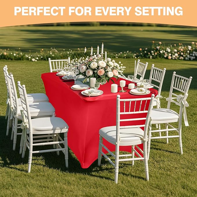 2 Pack 6 Feet Red Spandex Tablecloth for Rectangular Tables, Fitted & Stretch, Washable, Wrinkle Resistant, Perfect for Event, Wedding, Party, Banquet, Cocktail, Festival, and Table Protector