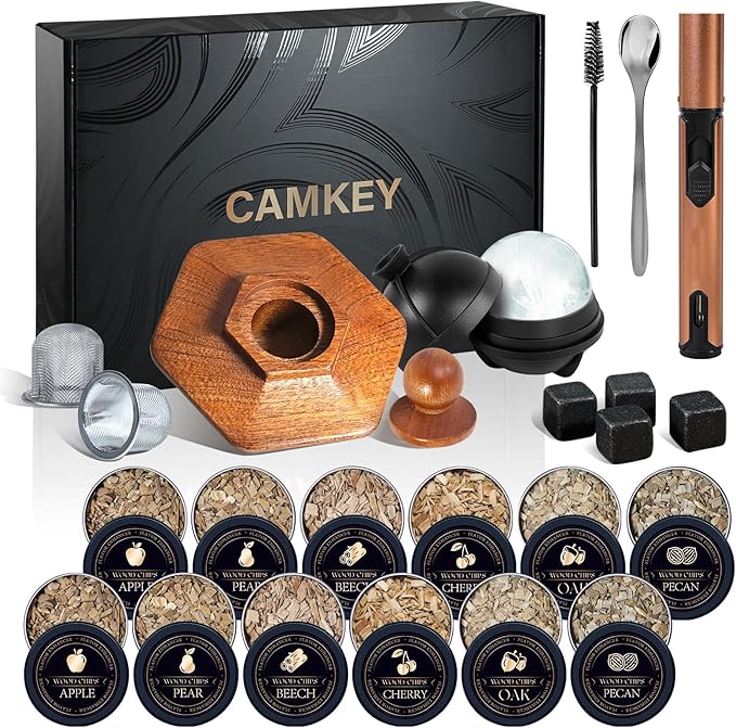 23Pcs Whiskey Smoker Kit with Torch-12 Wood Chips, Ice Ball Mold, Cocktail Smoker Infuser Kit, Old Fashioned Drink Smoker Kit, Birthday Bourbon Whiskey Gifts for Men,Dad,Him, Valentine's Day Gifts