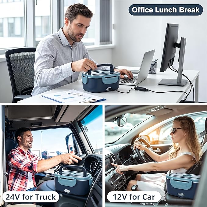 Electric Lunch Box, 80W Heated Lunch Box for Adults, 1.5L Fast Heating Lunch Box Warmer for Car/Truck/Work/Travel,12V/24V/110V Portable Food Warmer