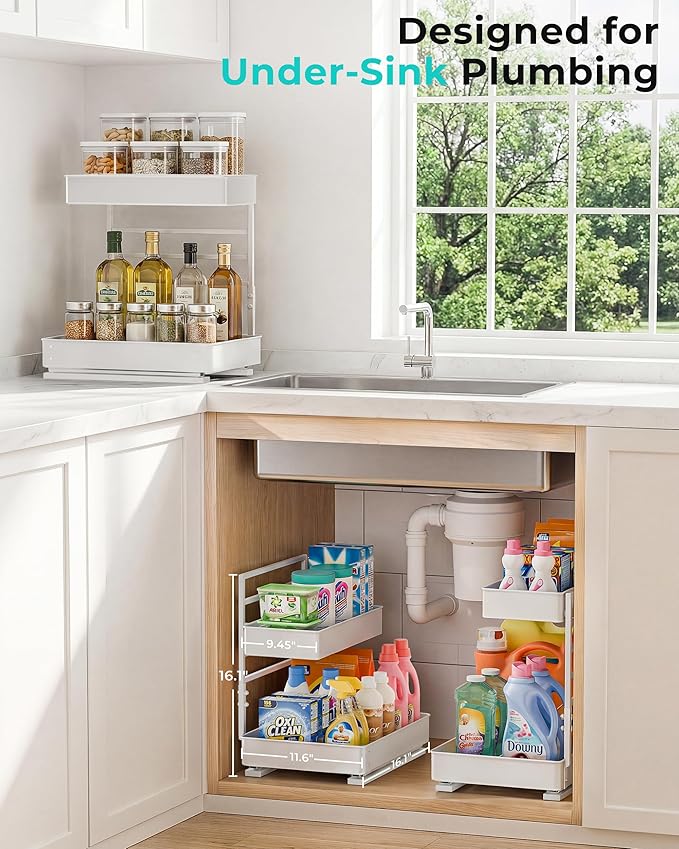 EVERIE Metal Pull Out Slide Shelf Organizer for Framed or Frameless Under Sink CabinetsOrganization in Kitchen, Bathroom, Counter, Cabinets (White, 1 Set)