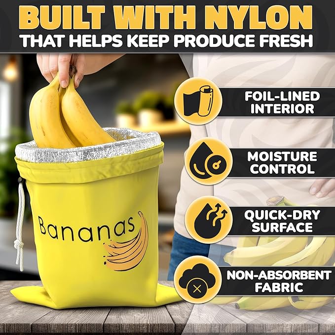 Nylon Banana Bag with Aluminum Lining and Quick Drawstring Closure - 13.8x10.6 in Reusable Banana Keeper for Freshness, Storage, and Prevent Ripening - Washable Material, Suitable for Home and Picnics