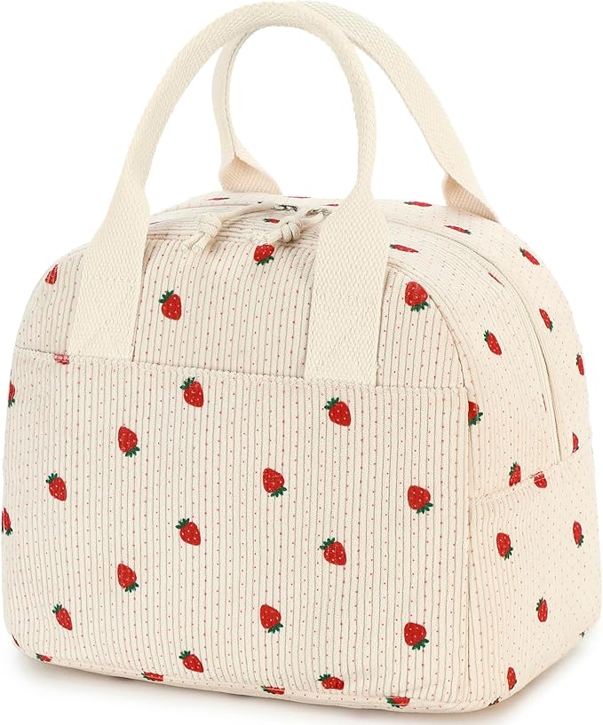 LOVELYWIND Insulated Strawberry Lunch Bag for Women, Stylish Corduroy Tote with Aluminum Lining, Large Capacity Reusable Cooler for Work, Travel, Beach or Picnic, Beige Cream Water-Resistant Lunch Box