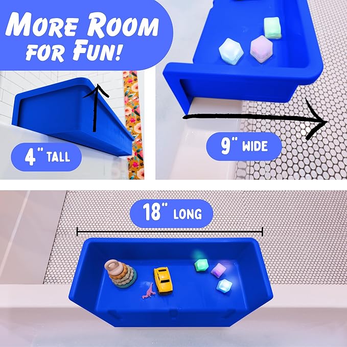 Tub Topper® Mini Bathtub Splash Guard for Kids - Compact Bath Splash Guard & Tub Play Shelf - Easy to Remove, Store & Clean - Patented Lip Design, Non-Silicone, BPA-Free, Made in USA (Blue)