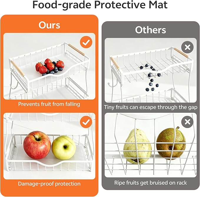 2 Tier Fruit Basket for Kitchen Countertop with 2 Banana Hangers,Detachable Metal Fruit Bowl with Wooden Handles and Protective Pads,Large Capacity Fruit and Vegetable Basket Organizer,White