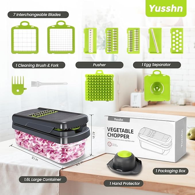 Yusshn Vegetable Chopper,12-in-1 Multifunctional Food Chopper,Professional Onion Chopper with 7 Blades,Vegetable Cutter with Container for Salad,Potato,Carrot,and Garlic; Essential Kitchen Tool(Grey)