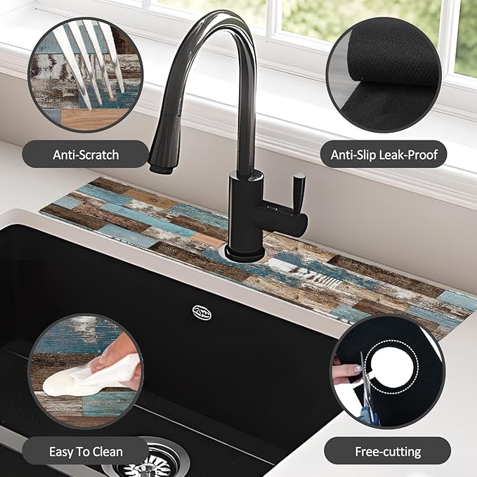 24" X 5.5" Kitchen Sink Splash Guard Faucet Mat Wood Grain Super Absorbent Fast Drying Faucet Guard & Draining Mat Sink Splash Guard Behind Faucet for Kitchen, Bathroom