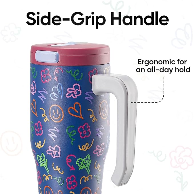 Fijinhom 25 oz Insulated Tumbler with Handle, Stainless Steel Insulated Water Bottle Coffee Mug with Straw, Coffee Cups, Cute Water Bottle for Sports, Travel, Lunch, Doodle Joy