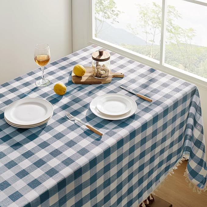 Softalker Checkered Tablecloth Rectangle, Outdoor Linen Cotton Gingham Table Cloth with Tassel, Heavy Duty Wrinkle Free Buffalo Plaid Table Cover for Kitchen Dining Summer Party - 55 x 84 Inch, Navy