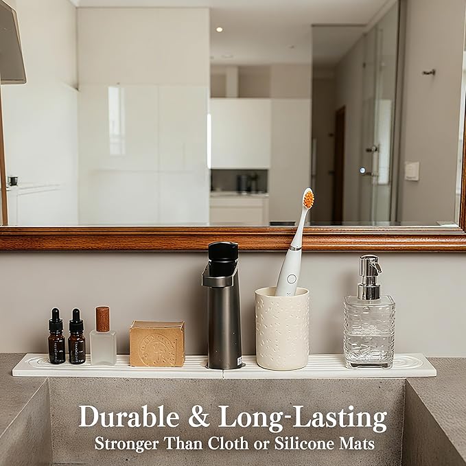 Stone Faucet Mat for Kitchen Sink, Quick Drying Mats, Water Absorbing Guard & Sink Protectors, Diatomite Bathroom Counter Tray, Kitchen Decor Home Accessories - Marble White,15.8''x4''