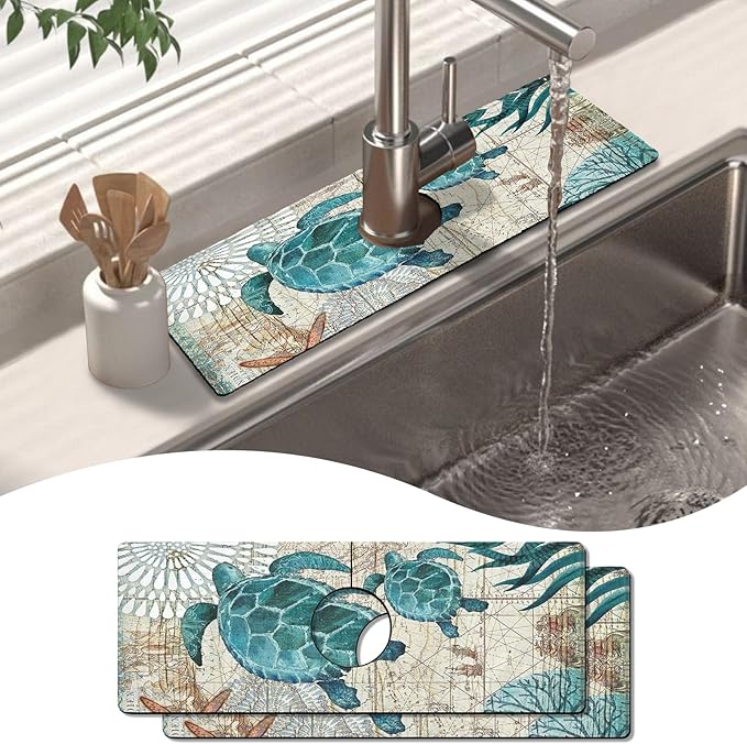 2 Pack Kitchen Sink Splash Guard Faucet Mat 15" X 5.5" Sea Turtle Absorbent Fast Drying Mat Faucet Draining Mat Sink Splash Guard Behind Faucet Drip Catcher for Kitchen Bathroom