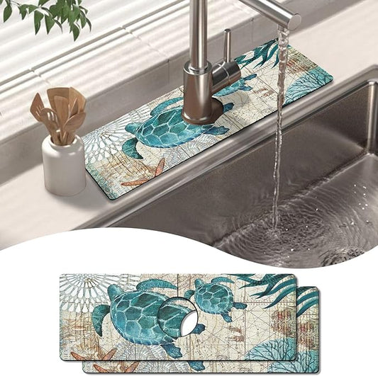 2 Pack Kitchen Sink Splash Guard Faucet Mat 15" X 5.5" Sea Turtle Absorbent Fast Drying Mat Faucet Draining Mat Sink Splash Guard Behind Faucet Drip Catcher for Kitchen Bathroom