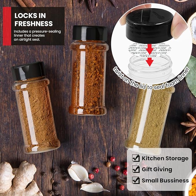 3 Oz Spice Bottles Plastic Small Seasoning Containers, 6 Pcs Clear Plastic Spice Jars with Shaker Lids Empty for Spice & Herbs, Powders, Glitters, BPA Free | Heavy Duty | Wide Mouth | Dual Flaps