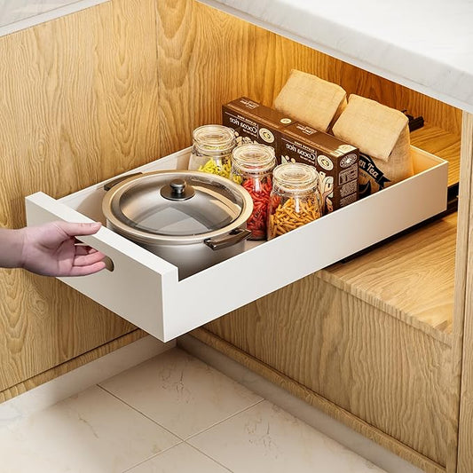 1 Pack | 21" Deep Pull Out Cabinet Organizer Adhesive, 10-Inch Wide Sturdy Carbon Steel Roll-Out Drawers for Face Frame or Frameless Cabinets,Slide-Out Shelves for Pantry.
