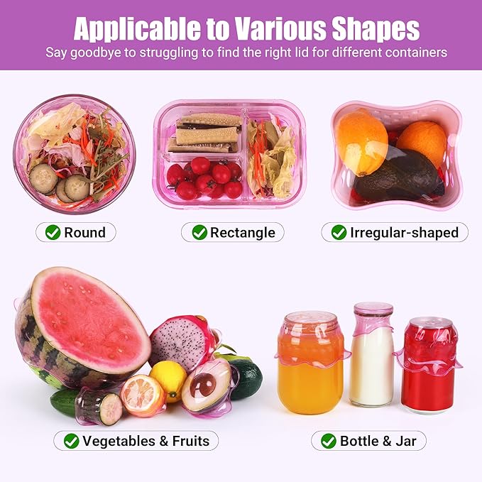 Silicone Stretch Lids for Food Storage in Fridge, Reusable Elastic Bowl Covers for Cup, Cans, Jars, Round & Rectangle Container, Food Grade Silicone Microwave Food Cover, Purple, 6PCS