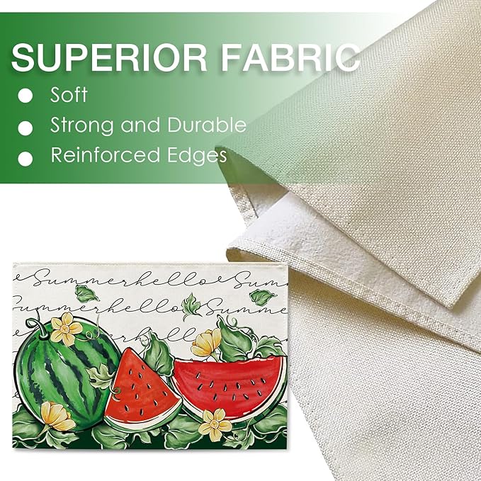 Seliem Hello Summer Watermelon Placemats Set of 4, Tropical Fruit Yellow Flower Dining Table Place Mats, Seasonal Kitchen Decor Home Decoration 12 x 18 Inches