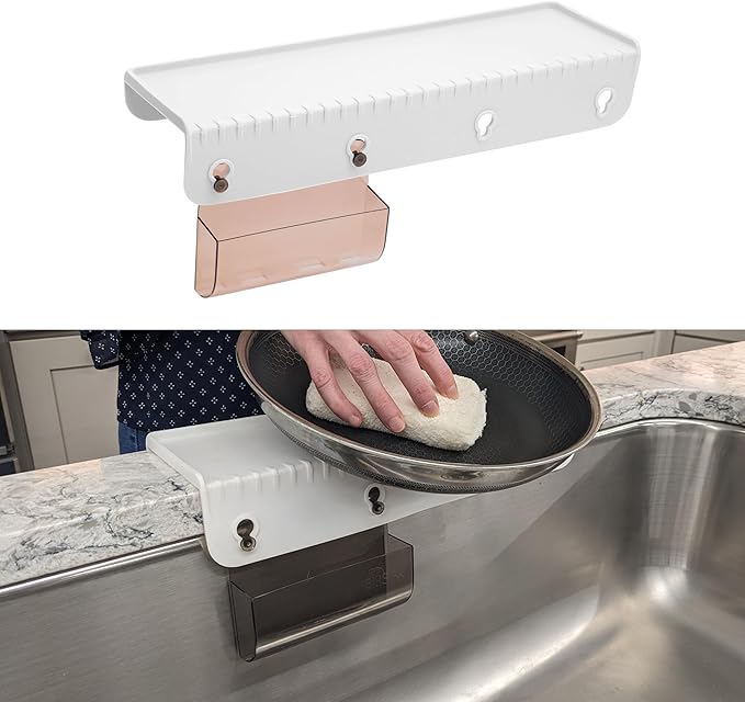 SiliSink Silicone Sink Edge Guard for Kitchen Sink - Fits 3.75” - 4” Wide - The Original Silicone Edge Protector with Sponge Caddy, 14” White