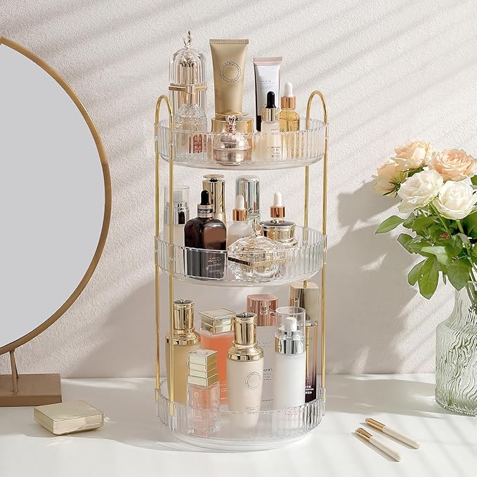 Aveniee Crystal Three-Layer 360° Rotating Cosmetic Stand, Premium Solid Metal Pole Sturdy Construction, Translucent Revolving Beauty Storage Unit for Vanity, Sink or Bathroom Shelf, White